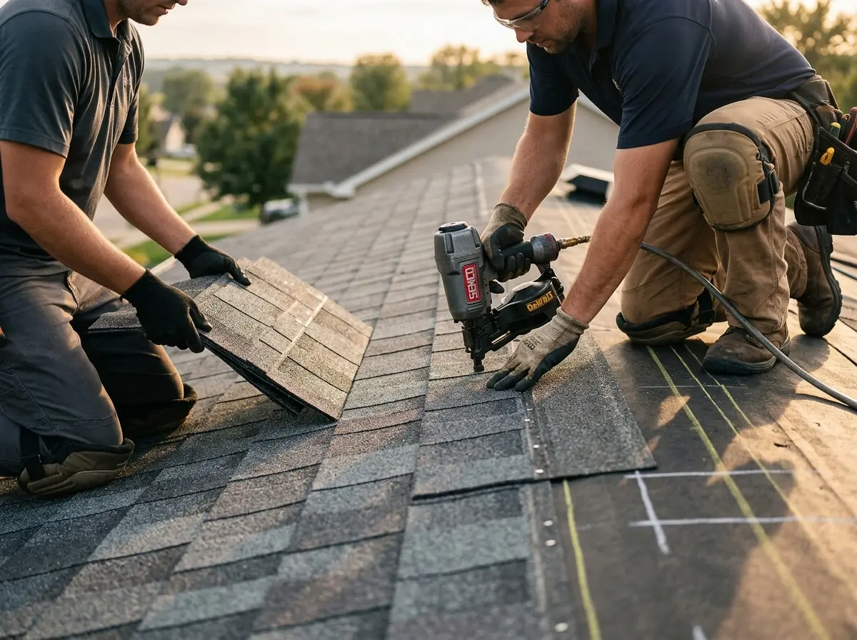 Professional roofer working on a residential roof in Lamont